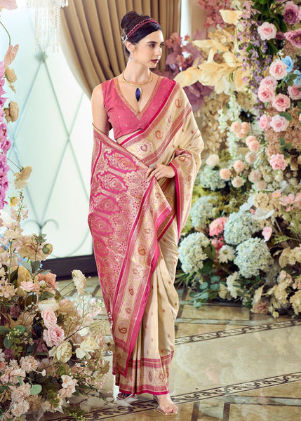 Cream Beige Woven Banarasi Silk Saree With Contrast Blouse