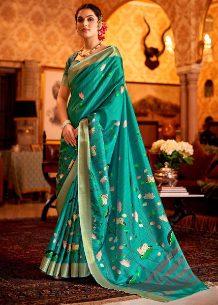 Teal Green Woven Silk Saree With Kalamkari Fine Print