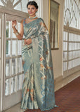 Antique Blue Woven Banarasi Tissue Organza Silk Saree With Digital Print