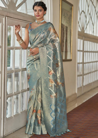 Antique Blue Woven Banarasi Tissue Organza Silk Saree With Digital Print