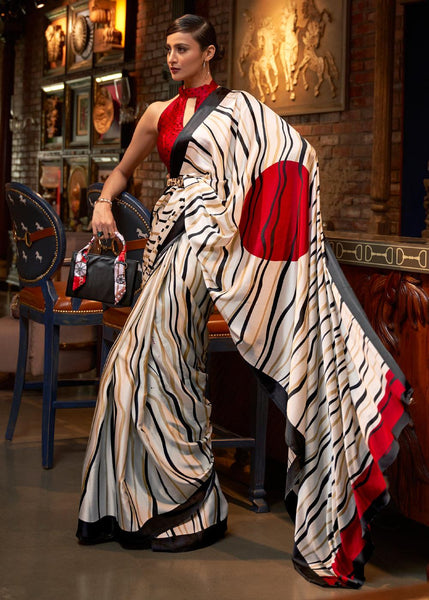 White & Red Satin Silk Printed Saree