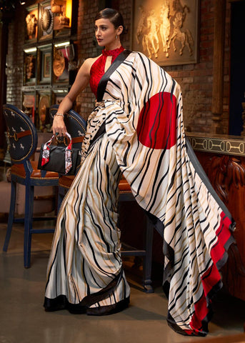 White & Red Satin Silk Printed Saree