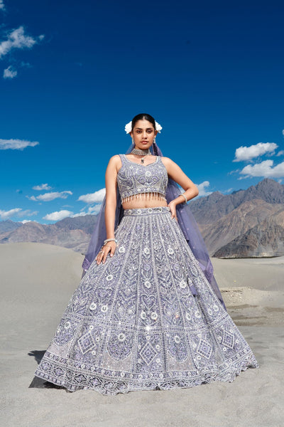 Light Blue Heavy Embroidered With Stone And Real Mirror Work Wedding Lehenga Set - women's fashion mart