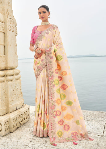 Off White Heavy Embroidered Designer Silk Saree