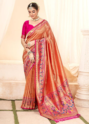 Classy Orange Woven Paithani Tissue Silk Saree