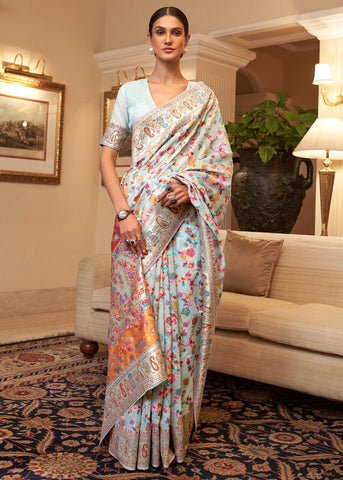 Mutlicolored Princess Blue Woven Jamewar Banarasi Saree