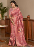 Beautiful Rose Pink Woven Banarasi Tissue Organza Silk Saree With Digital Print