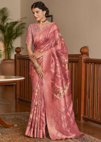 Beautiful Rose Pink Woven Banarasi Tissue Organza Silk Saree With Digital Print