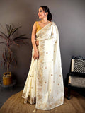 White Aari Jhalar Tussar Satin Saree