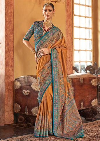 Mustard Yellow Printed Kashmiri Jamewar Saree