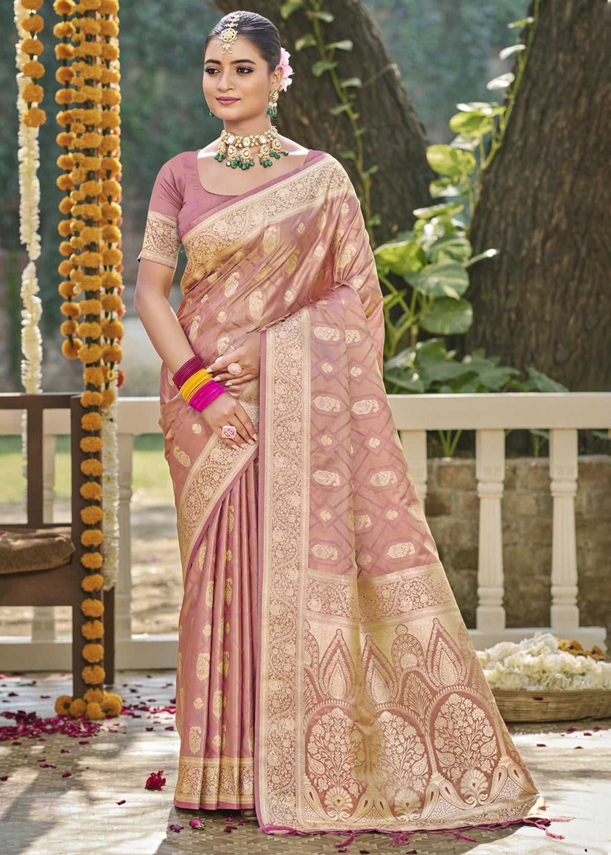 Mauve Pink Woven Banarasi Satin Silk Saree