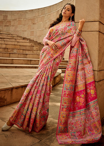 Gajari Pink Woven Kashmiri Jamewar Saree