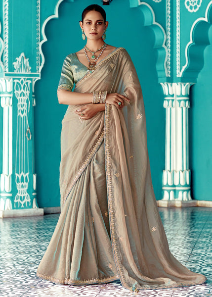 Crystal Grey Designer Embroidered Silk Saree With Contrast Blouse