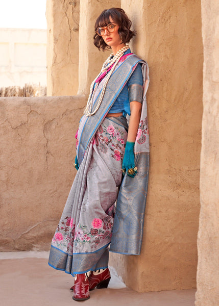 Cloud Grey Georgette Silk Saree With Floral Print