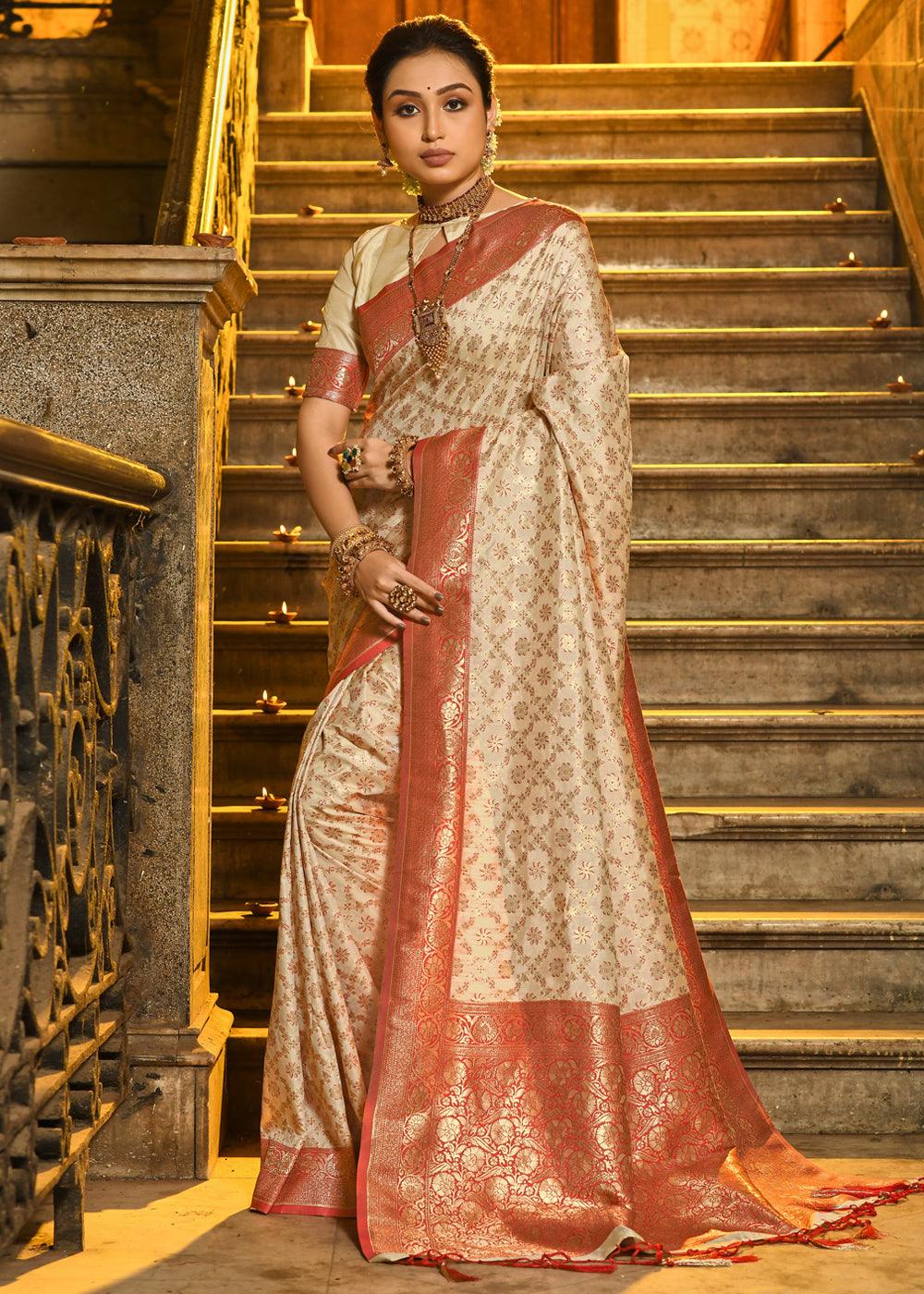 Royal Off White Woven Banarasi Brocade Silk Saree With Overall Jaal