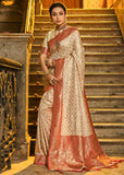 Royal Off White Woven Banarasi Brocade Silk Saree With Overall Jaal