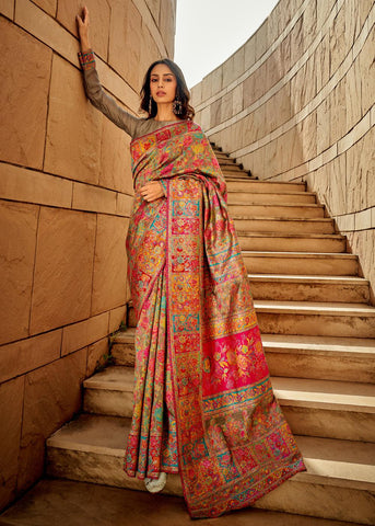 Olive Green Woven Kashmiri Jamewar Saree