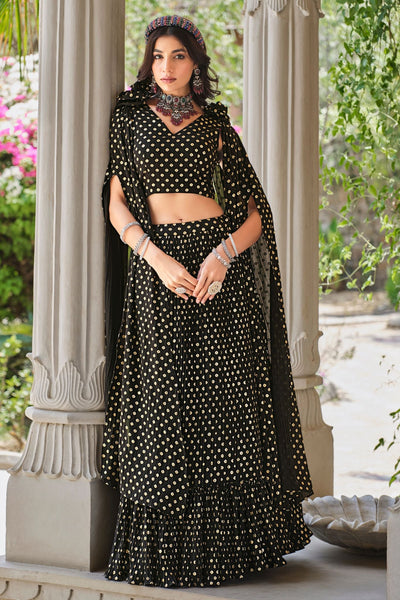 Black Stylish Metallic Foil Work Party Wear Lehenga Choli - women's fashion mart