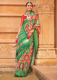 Green And Red Printed Patola Silk Saree