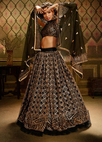 “Exclusive Offer” : Golden Black Designer Sequins Embroidered Lehenga