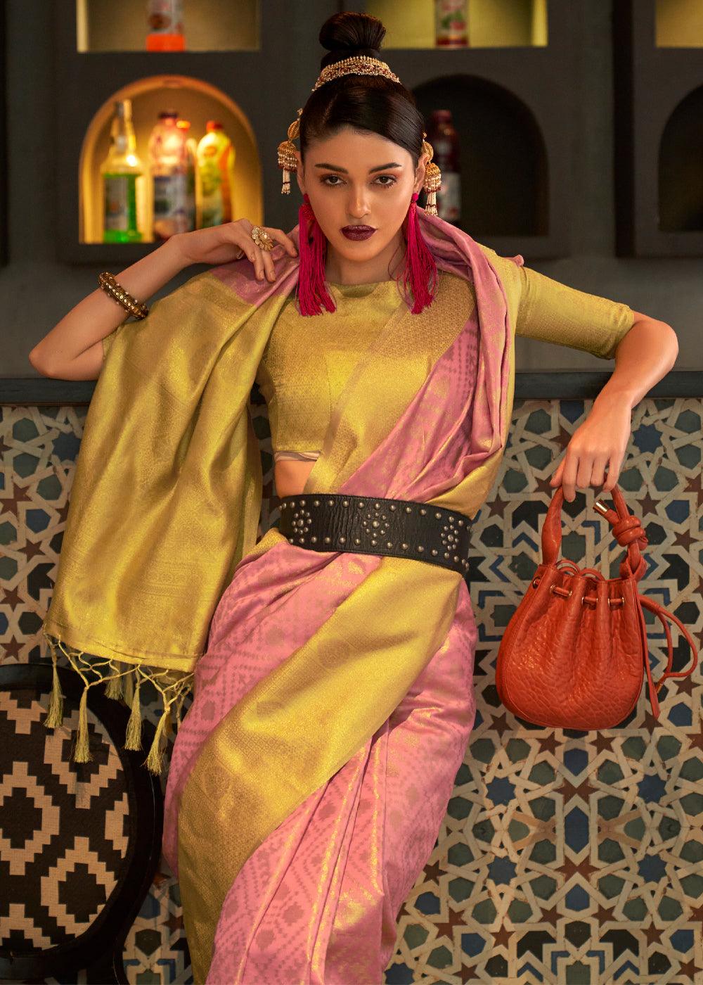 Rose Pink And Yellow Woven Banarasi Silk Saree