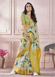 Summer Green Woven Banarasi Cotton Silk Saree With Digital Print