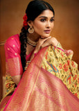 Yellow And Pink Woven Banarasi Silk Saree With Kalamkari Print