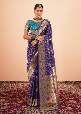 Iris Purple Woven Paithani Silk Saree With Contrast Blouse