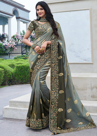 Antique Green Heavy Embroidered Designer Silk Saree