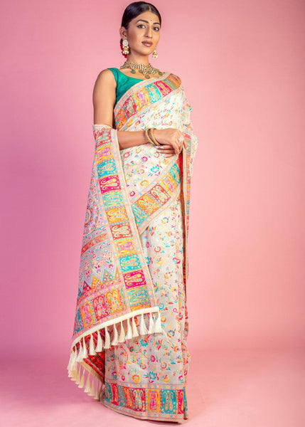 White And Green Woven Kashmiri Jamewar Silk Saree