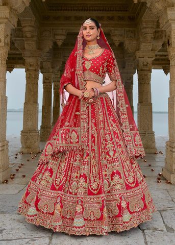 Vibrant Red Heavy Embroidered Designer Lehenga
