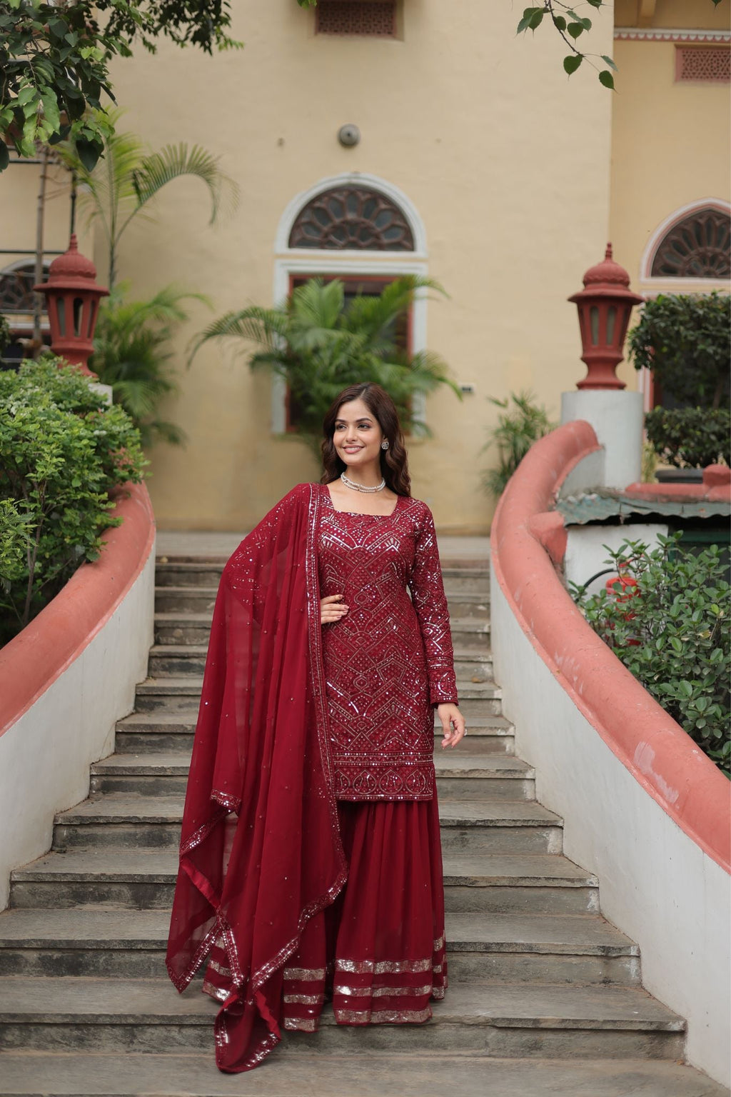 Georgette Sequins Thread Embroidered Work Women Suit Set - women's fashion mart