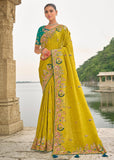 Lime Green Designer Embroidered Silk Saree