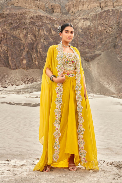 Yellow Dori Embroidered Croptop Skirt Set With Stylish Jacket