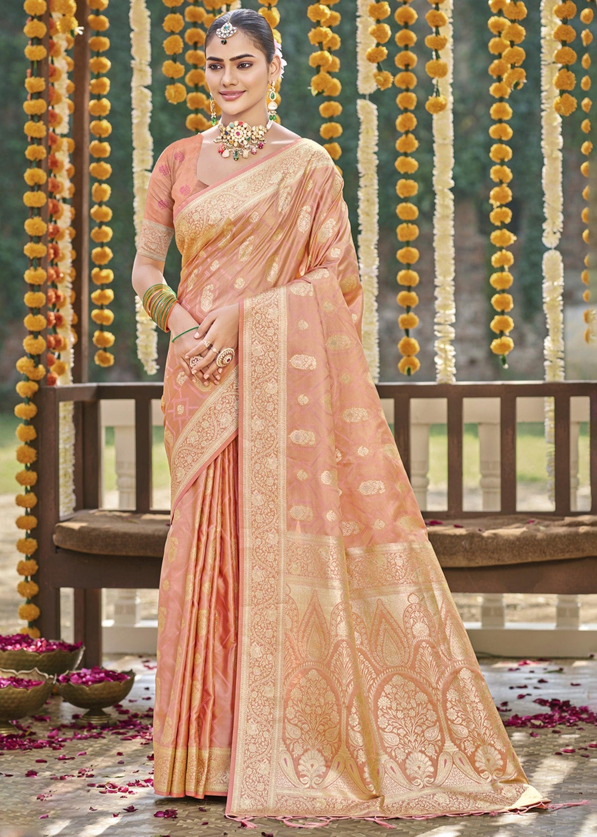 Coral Peach Woven Banarasi Satin Silk Saree