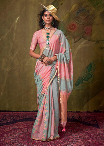Baby Pink And Grey Woven Rangkaat Silk Saree