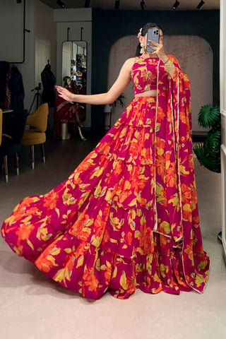 Floral Marble Print Lehenga Choli Set For Women