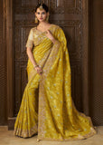 Blazing Yellow Heavy Embroidered Designer Silk Saree