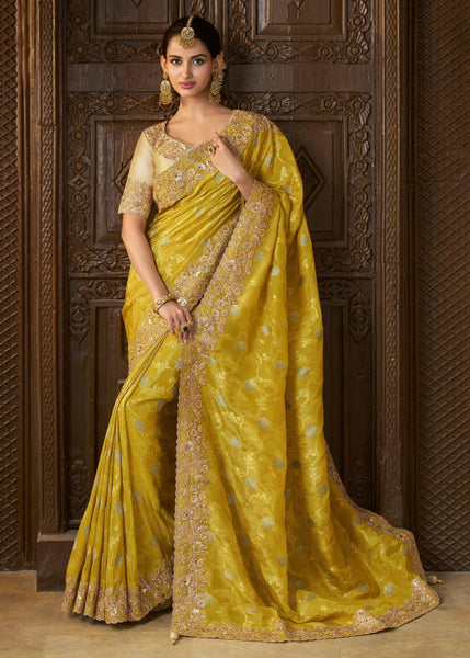 Blazing Yellow Heavy Embroidered Designer Silk Saree