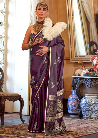 Wine Purple Banarasi Satin Silk Saree