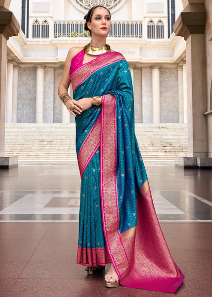 Coral Blue Woven Banarasi Silk Saree