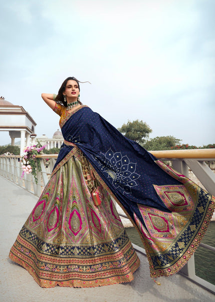 Navy Blue And Green Heavy Banarasi Bridal Lehenga
