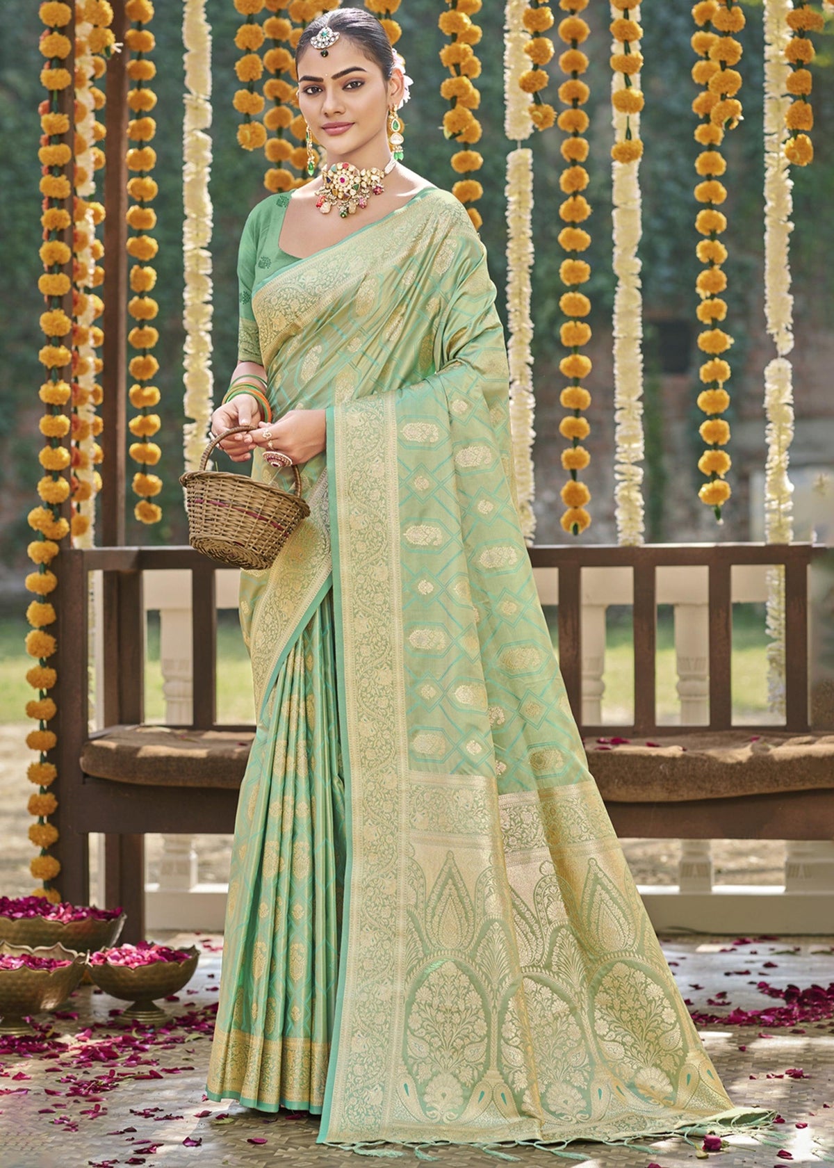 Pastel Green Woven Banarasi Satin Silk Saree