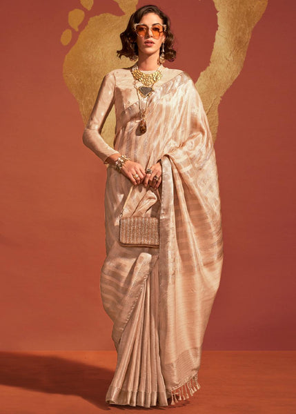 Beautiful Beige And Gold Woven Banarasi Soft Silk Saree