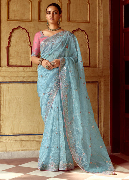 Blue Heavy Embroidered Designer Silk Saree