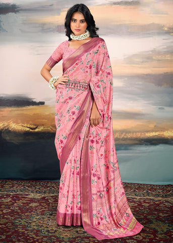 Coral Pink Light Weight Cotton Silk Saree With Digital Print