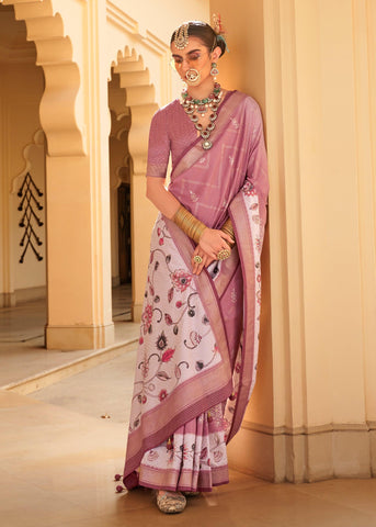 Dusky Pink Floral Printed Cotton Linen Saree