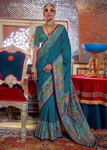 Ocean Blue Printed Kashmiri Jamewar Saree