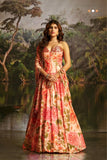 Peach Handwork Designer Corset Lehenga Set With Floral Prints