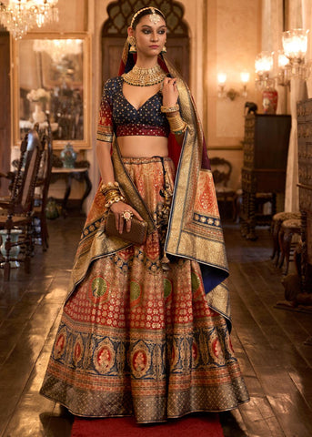 Beautiful Red And Blue Designer Lehenga Set